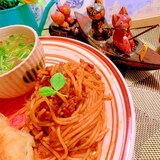 干し椎茸と塩豚の塩昆布煮汁ミート風パスタ